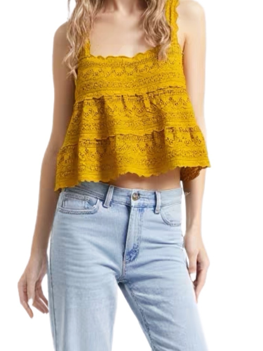 Forever 21 Cottagecore Lace Eyelet Cropped Babydoll Top in Mustard Size Small